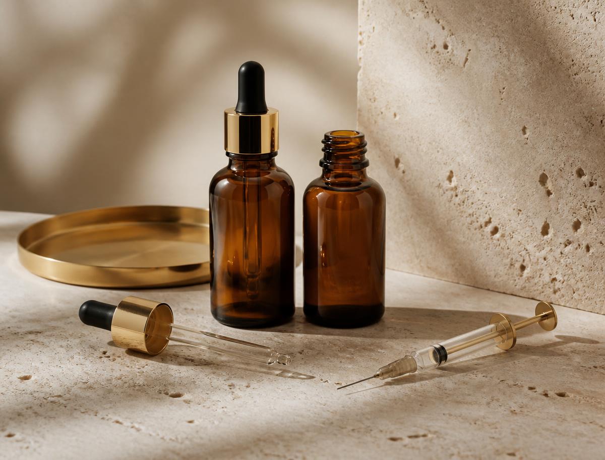 Instrumental y sueros de medicina estética sobre piedra